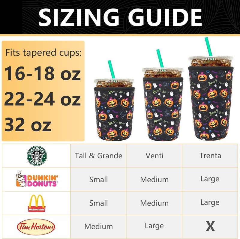 YR Reusable Neoprene Insulator Sleeve for Iced Coffee Cups, 3 Pack Coffee Coolies sleeves for Iced & Hot Drinks, Cold Beverage Cooler Compatible with Starbucks Coffee and More (Halloween Boo) - Image 2
